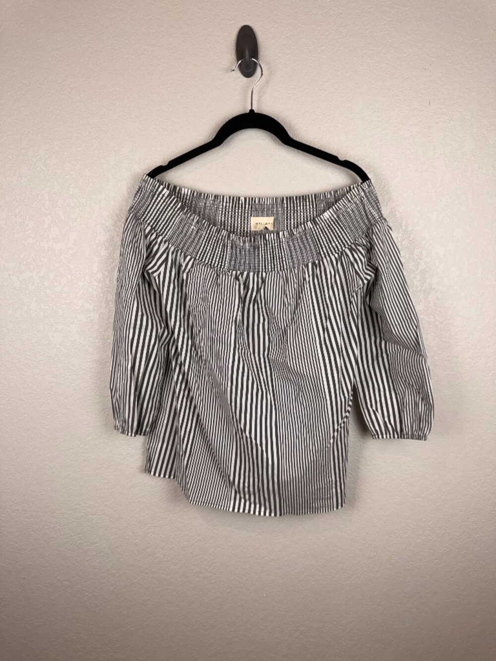 Mello Day Women's Black White Stripe Smocked Off Shoulder Blouse Small